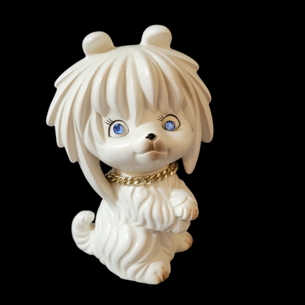 Lego Japan Maltese Puppy Coin Bank White With Blue Eyes Gold Chain Collar